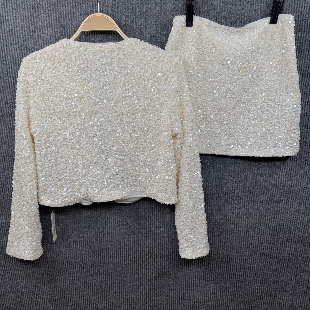 Commense Sequin Skirt Set Women Small White Bow Back Crop Jacket Mini Skirt Glam - Picture 2 of 16